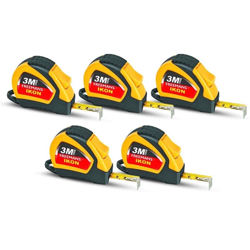 FREEMANS IKON 3m:16mm Steel Inchi Measuring Tape -3m (Yellow & Black) With Unbreakable ABS case || Soft Grip Bi-material Case || Auto-lock and Belt Clip (Set of 5)