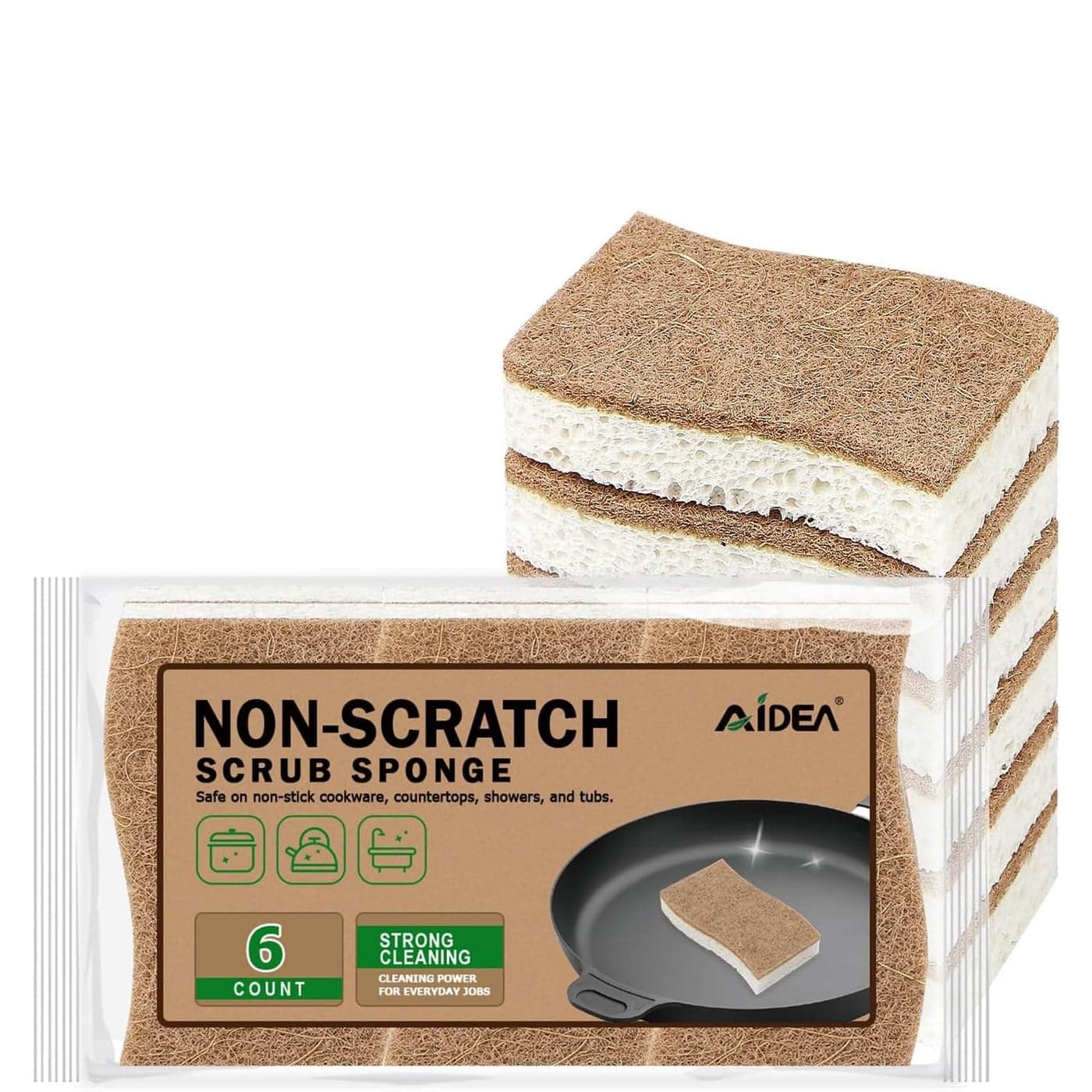AIDEA Sponges Non Scratch 6Count Natural Sponge for Non Stick Cookware Sponges Kitchen Cellulose Scrub Sponge for Dishes Cleaning Power for Kitchen Bathroom Household