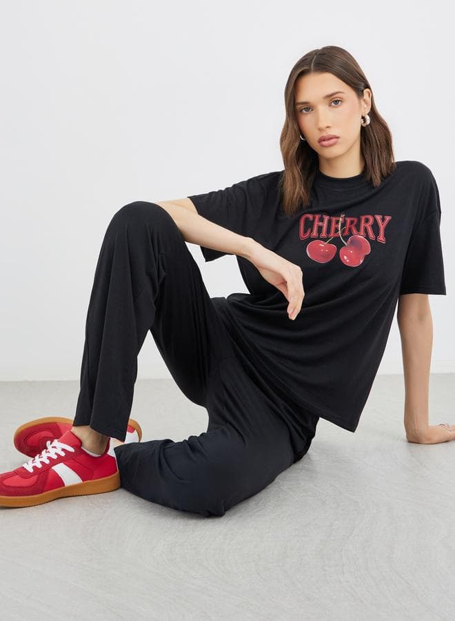 Take Two Cherry Print T-Shirt and Joggers Co-Ords