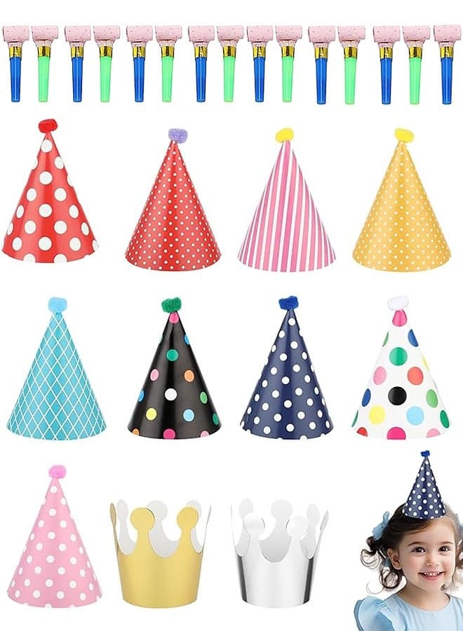 11PCS Colorful Birthday Party Hats with Paper Crowns and 15pcs Noise Making Blowouts Cone Hats for Adults and Vibrant Paper Decorations for Birthdays Celebrations