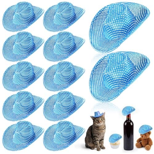 Sotiff 12 Pcs Mini Cowboy Hats Miniature Cowboy Hat Set West Party Supplies Neon Holographic Tiny Western Cowgirl Hat Pack Small Doll Decor for Doll Theme Party Drinks Bottle Cupcake TopperNeon Blue