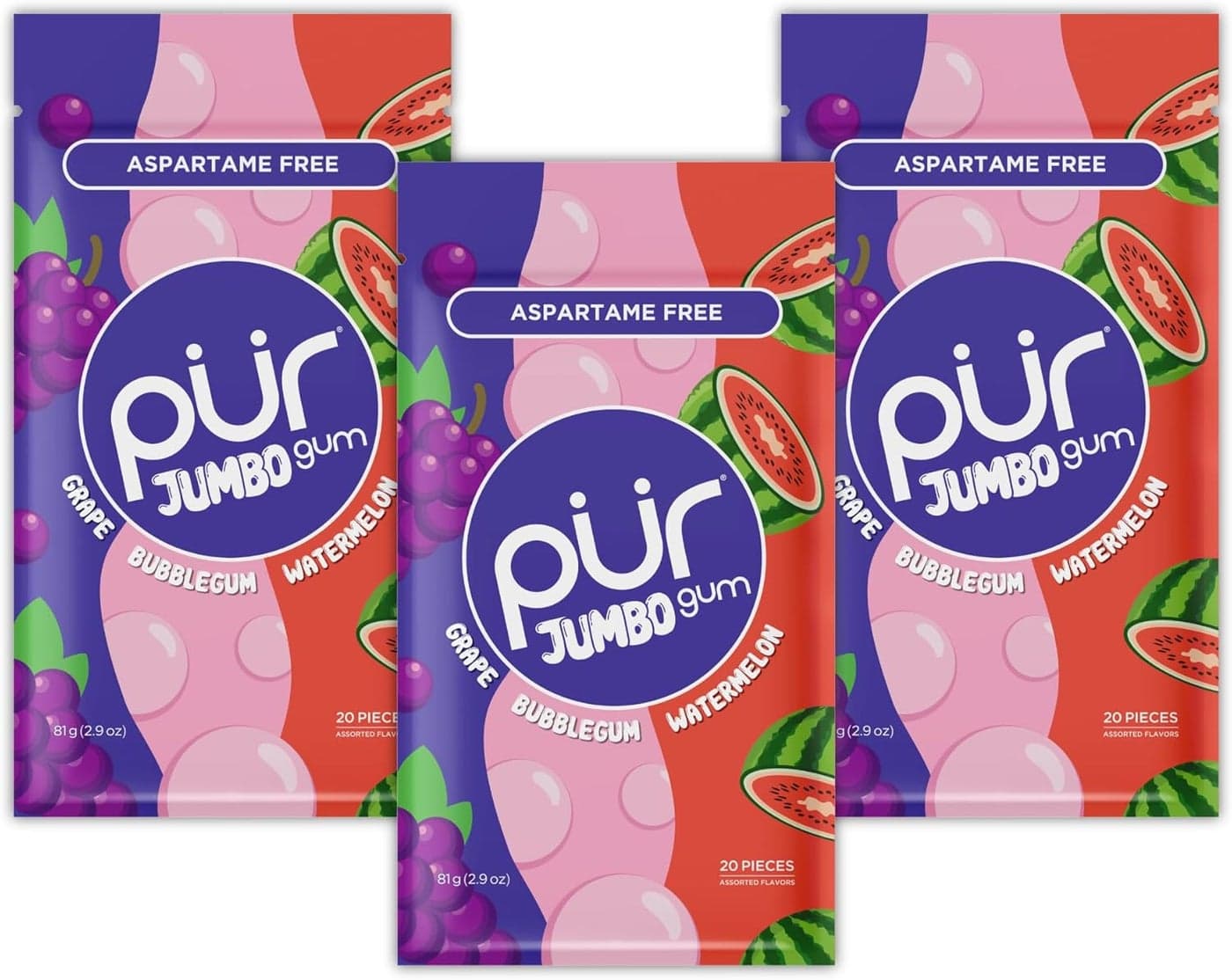 PUR Jumbo Gum - Aspartame Free Chewing Gum with Natural Bubblegum, Grape, and Watermelon Flavors - 20 Pieces (Pack of 3)