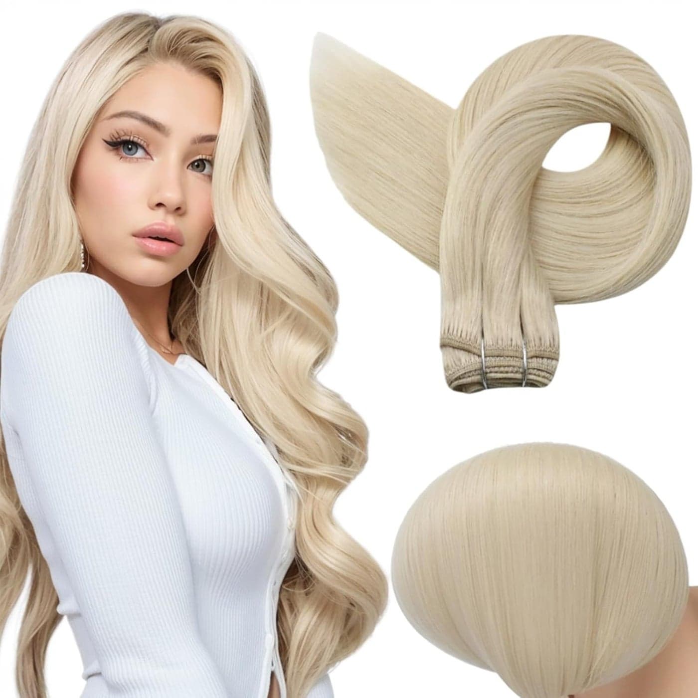 Full Shine Blonde Hair Extensions Sew In Remy Human Hair Extensions 20 Inch Platinum Blonde Hair Extensions Double Weft Hair Extensions Human Hair For Women Sew In Hair Extensions