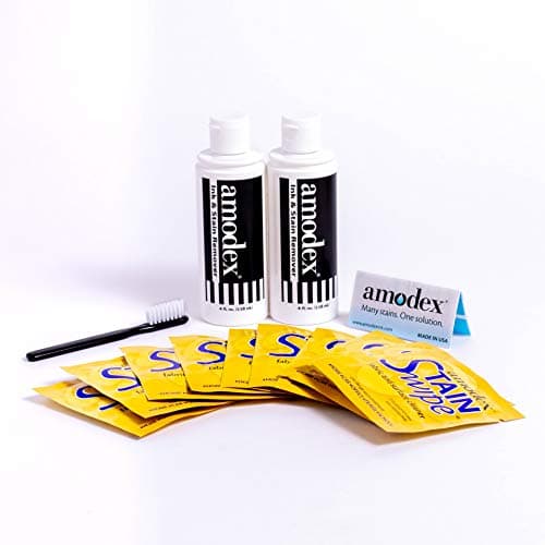Amodex Ink & Stain Remover Arsenal, Safe and Effective on Clothes, Leather and Skin, Full Set for all your Stain Removal Needs, Includes 2 Bottles, 1 Brush, 10 Wipes