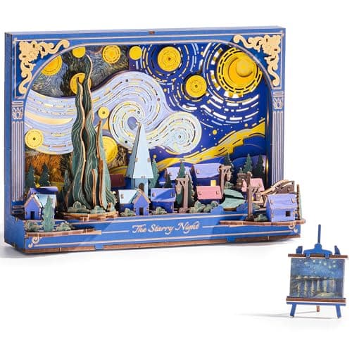 Rowood Starry Night 3D Puzzle Building Set with LEDWooden Vincent Van Gogh Painting Artwork Craft Kits for AdultsHome Decor Botanical Collection Gift for Teens Kids on Christmas