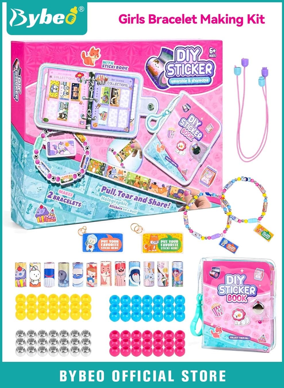 Bracelet Making Kit for Girls, Kids Charm Bracelets Kit, DIY Sticker Jewelry Toy, Sticky Roll Bracelet Necklace Gift Kit with Sticker Collection Book, 12 Sticker Rolls, 120 Stickers, 84 Beads, 2 Tags, DIY Arts and Crafts Gifts Toys for Kids 6+ Years