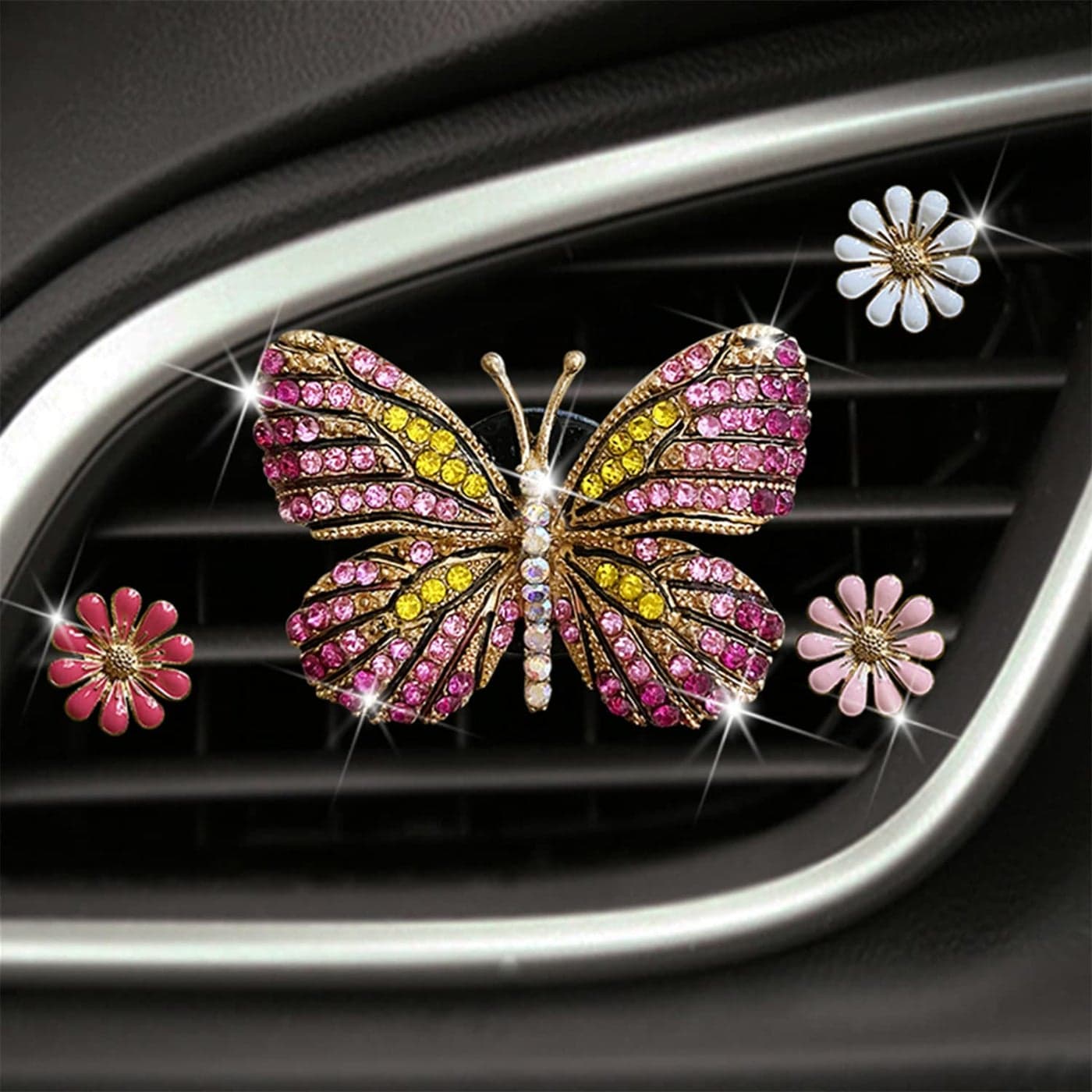 Bling Butterfly Car Clip Decor InteriorCute Car Vent Clips Dashboard Decorations Car Accessories Air Aromatherapy Vent ClipCar Air Freshener Vent Clips Rhinestone Car Accessories for Girls Womens Car Interior Decoration Cute Set Pink Butterfly 3 PCS Daisy Flower
