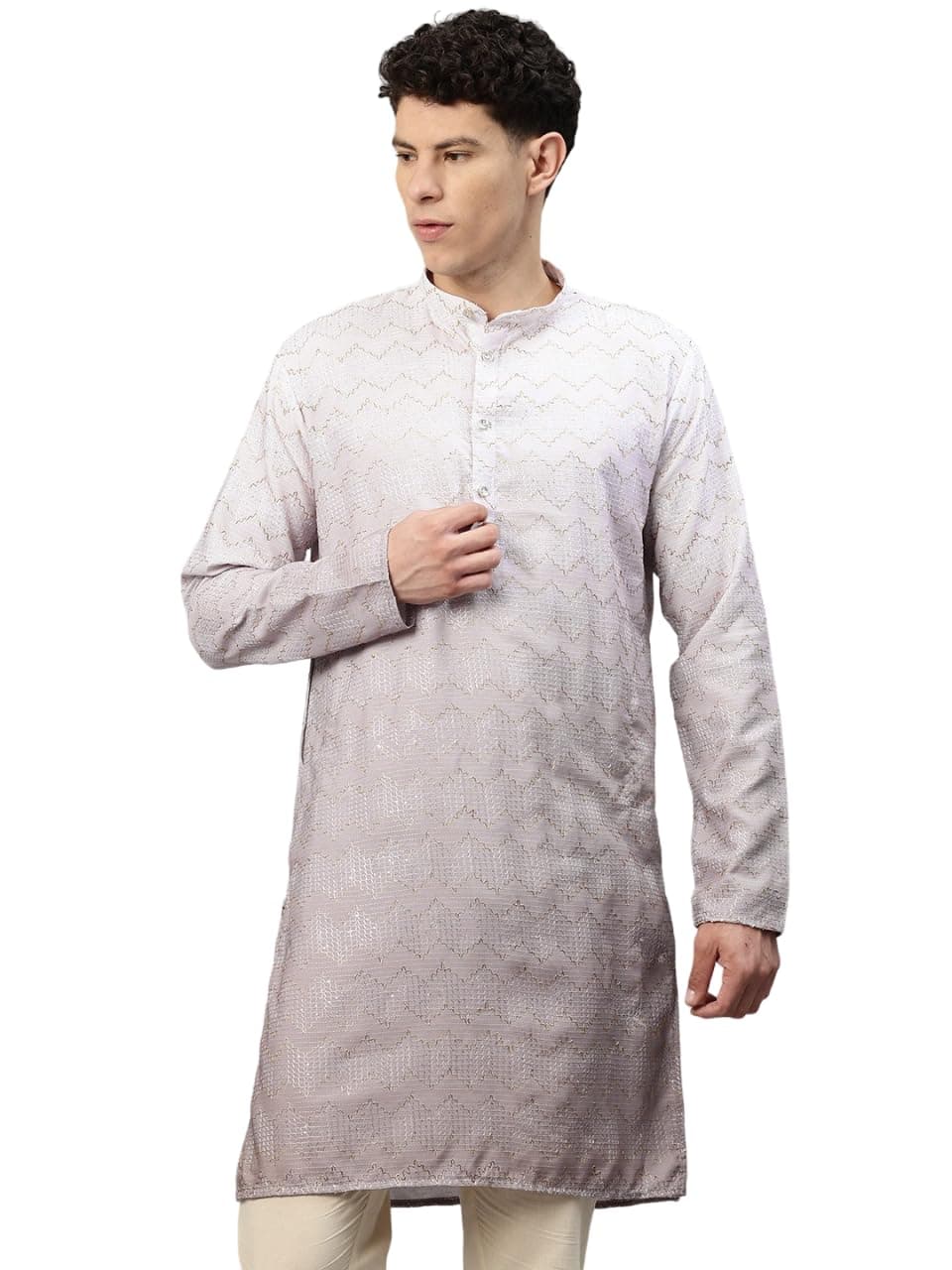 Luxrio Men's Ombre Shaded Sequence Self Embroidered Textured Long Kurta Full Sleeves Beige Size M
