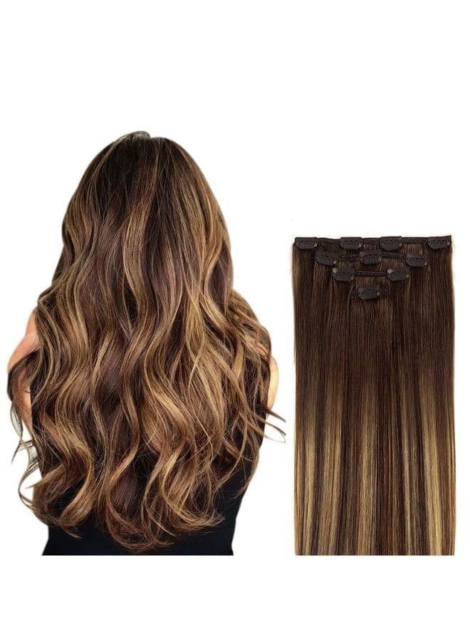 12" Hair Extensions Balayage Clip in Human Hair for Women - Silky Straight Chocolate Brown to Honey Blonde Highlight Brown Ombre Hair 50grams 4pieces #(4T27) P4 Color