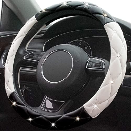 Xizopucy Black White Steering Wheel Cover, Anti-Slip Steering Wheel Protector with Crystal Rhinestones, Car Steering Wheel Cover for Women and Girl Fit 14.5-15 inch