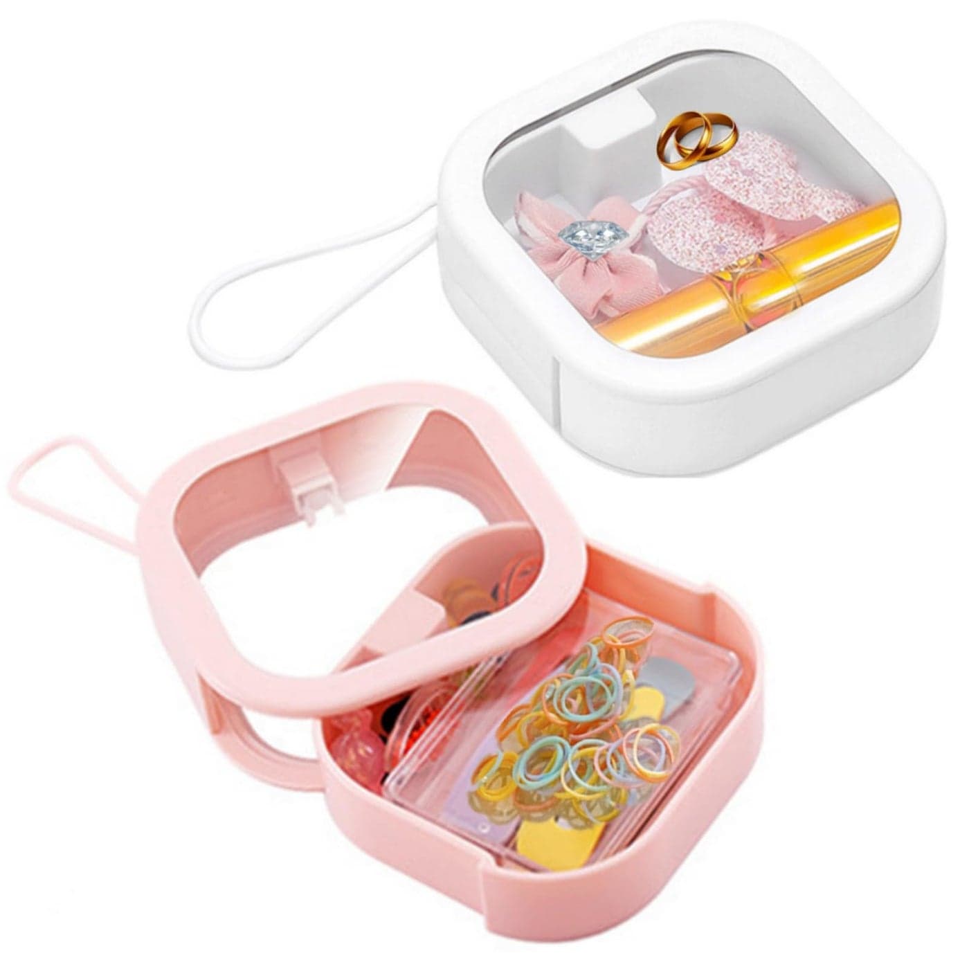 REVAXUP 2pcs Hair Tie Organizer Boxes,Baby Girls hair accessories Organizer for Travel,Best Hair tie holder organizer for storing mini Ttems like hair clips,Q-Tips, floss sticks,Pink&White