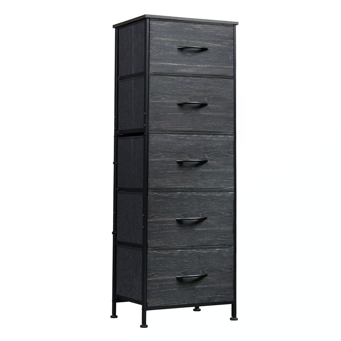 WLIVE Fabric Dresser 5Drawer Tall Dresser for Bedroom Storage Dresser Organizer with Fabric Bins Wood Top Sturdy Steel Frame Chest of Drawers for Closet Hallway Charcoal Black Wood Grain Print