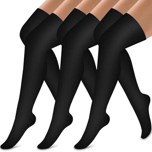 Thigh High Compression Socks for Women and Men Circulation(3 Pairs) Over the Knee-Best Support for Running,Travel (Large-X-Large, Black)