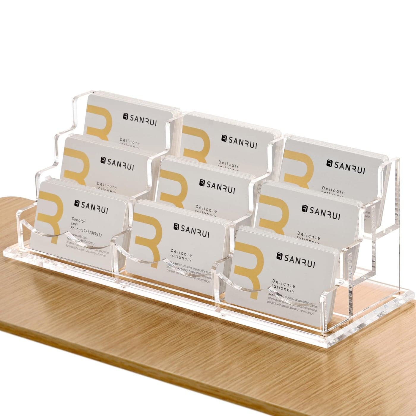 SANRUI Clear Horizontal Business Card Holder Stand for Desk Acrylic Desktop Display Name Cards Holders Organizer Storage Rackfor Exhibition Home Office 3 Tier 9 Pocket 540 Card Capacity