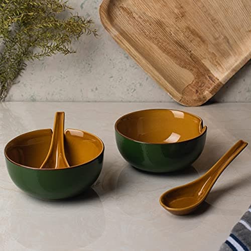 HS Hindustani SAUDAGR Urban Mattee Green Ceramic Bowl Set of 2(240ml Each) Soup Bowl Without Handle & with Spoon Microwave Safe Bowls katori Ideal for Snacks Rice dal Desserts and Gifting.