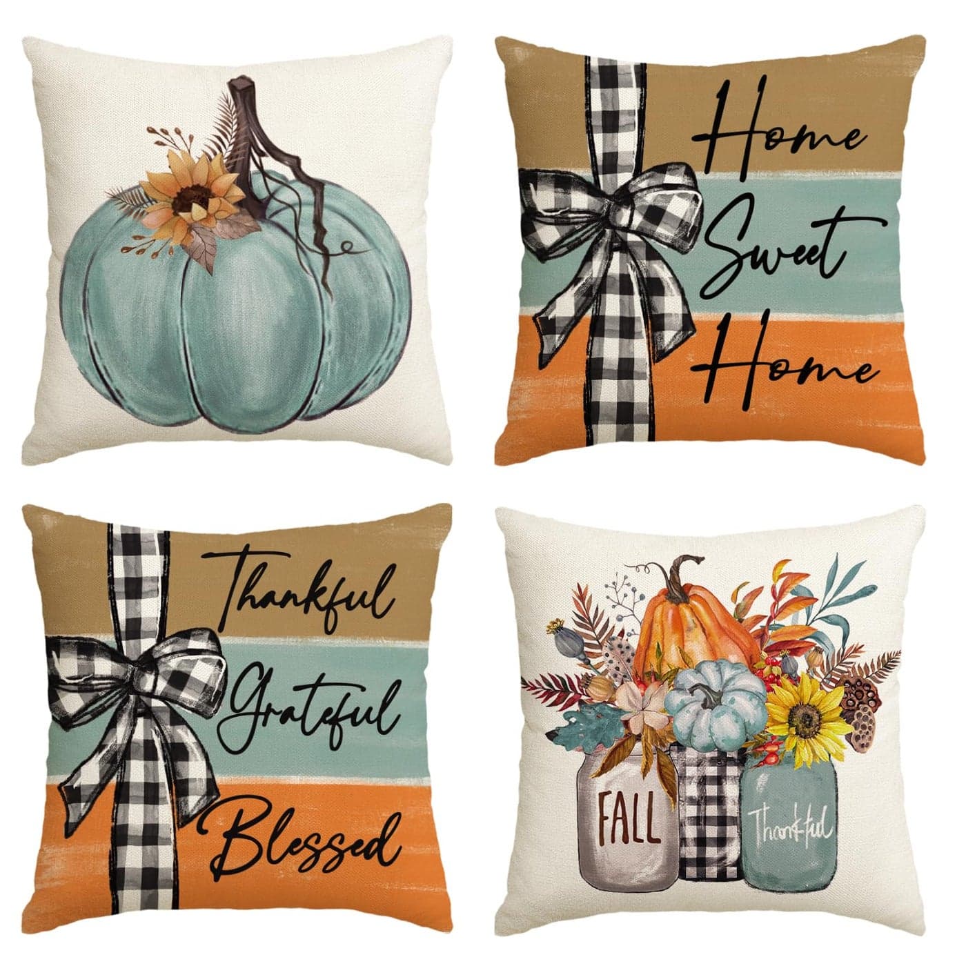 AVOIN colorlife Fall Pumpkin Home Sweet Home Throw Pillow Covers 20 x 20 Inch Autumn Thankful Grateful Blessed Harvest Floral Decorations for Sofa Couch Set of 4 Blue