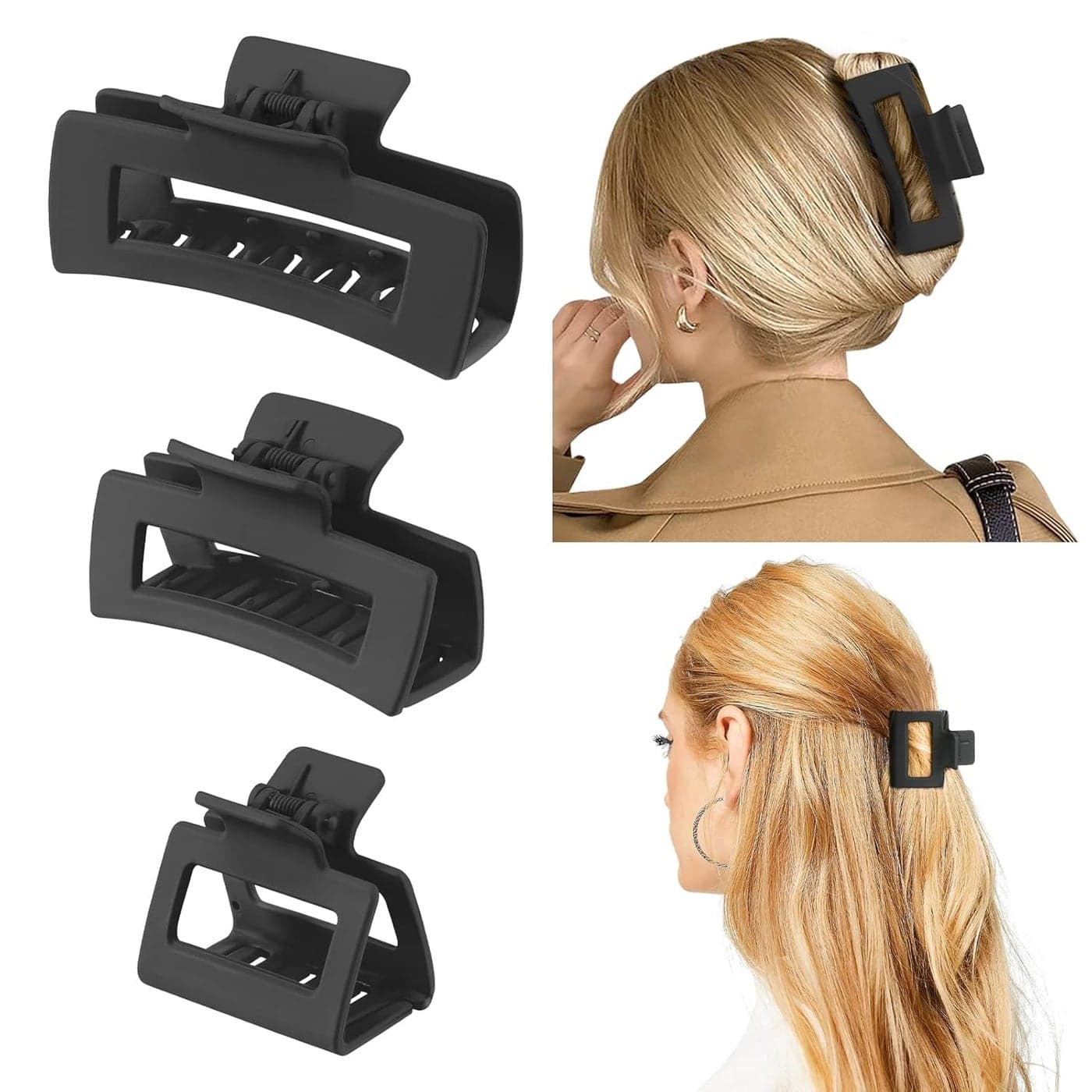 Shinowa 3 Pack Hair Claw Clips Square Rectangular Claw Hair Clips for Women Girls Nonslip Matte Large Medium Small Hair Clips Strong Hold Jaw Clip for Thick Thin Hair Black