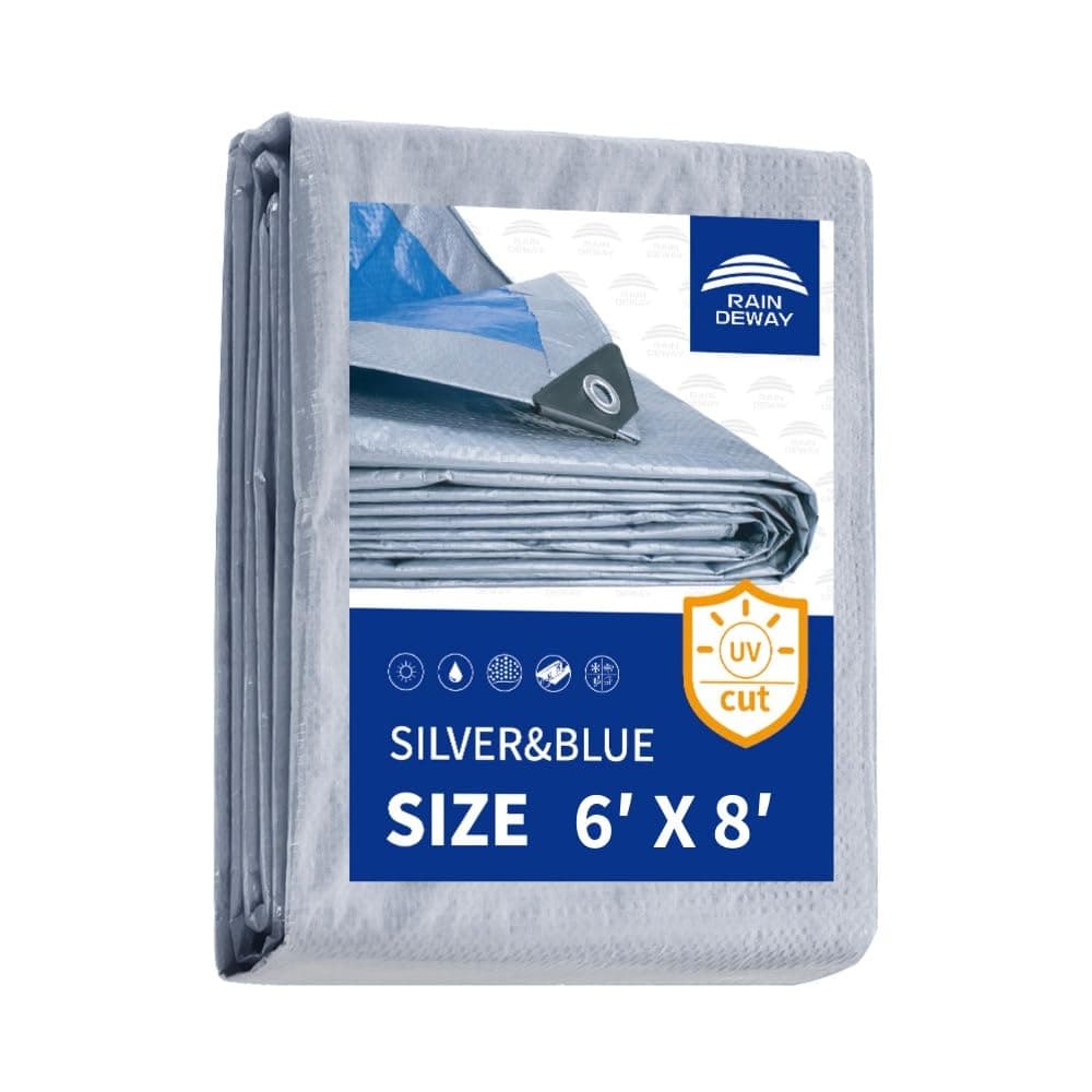 RAINDEWAY Tarps 6x8 Feet 55 Mil Multipurpose Waterproof Poly Tarp Cover with Metal Grommets and Reinforced Edges SilverBlue Tarp