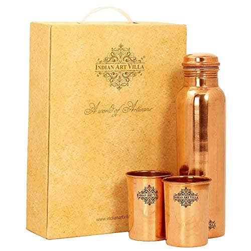 INDIAN ART VILLA Pure Copper Drinkware Gift Set of Plain Shine Finish Design 1 Bottle & 2 Glass With Gift Box, Gift item for Diwali, Bithday & Parties, Bottle-750 ml & Glass-300 ml