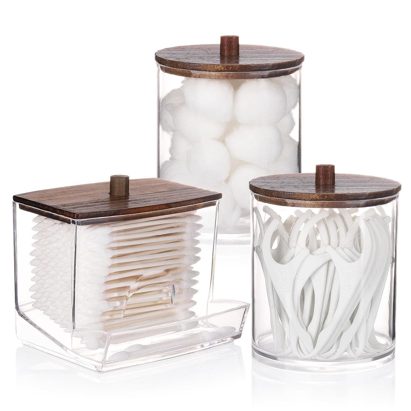 Tbestmax Qtips Dispenser Bathroom Container 1012 oz Big Cotton Ball Holder Apothecary Jar Organizer for Storage Cotton Swab Round Pads Floss Picks Brown Wood Lids