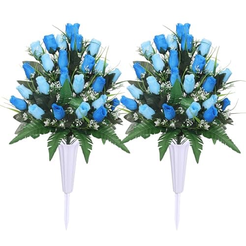 Lodou Artificial Cemetery FlowersOutdoor Grave Decorations RosesArrangements Bouquet with Cemetery Vase Silk Flowers for LongLasting Remembrance Blue