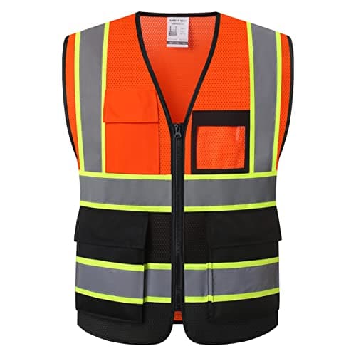 HATAUNKI Reflective Safety Vest for Men Women Hi Vis Vest with 8 Pockets High Visibility Mesh Reflective Vest Meets ANSI/ISEA Standards (Orange-Black-07, L)