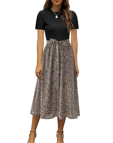 Zattcas Women 2025 Summer Dress Short Sleeve Ribbed Teacher Church Modest Business Casual Work Outfits Midi Dress with Pockets Blackbrown M