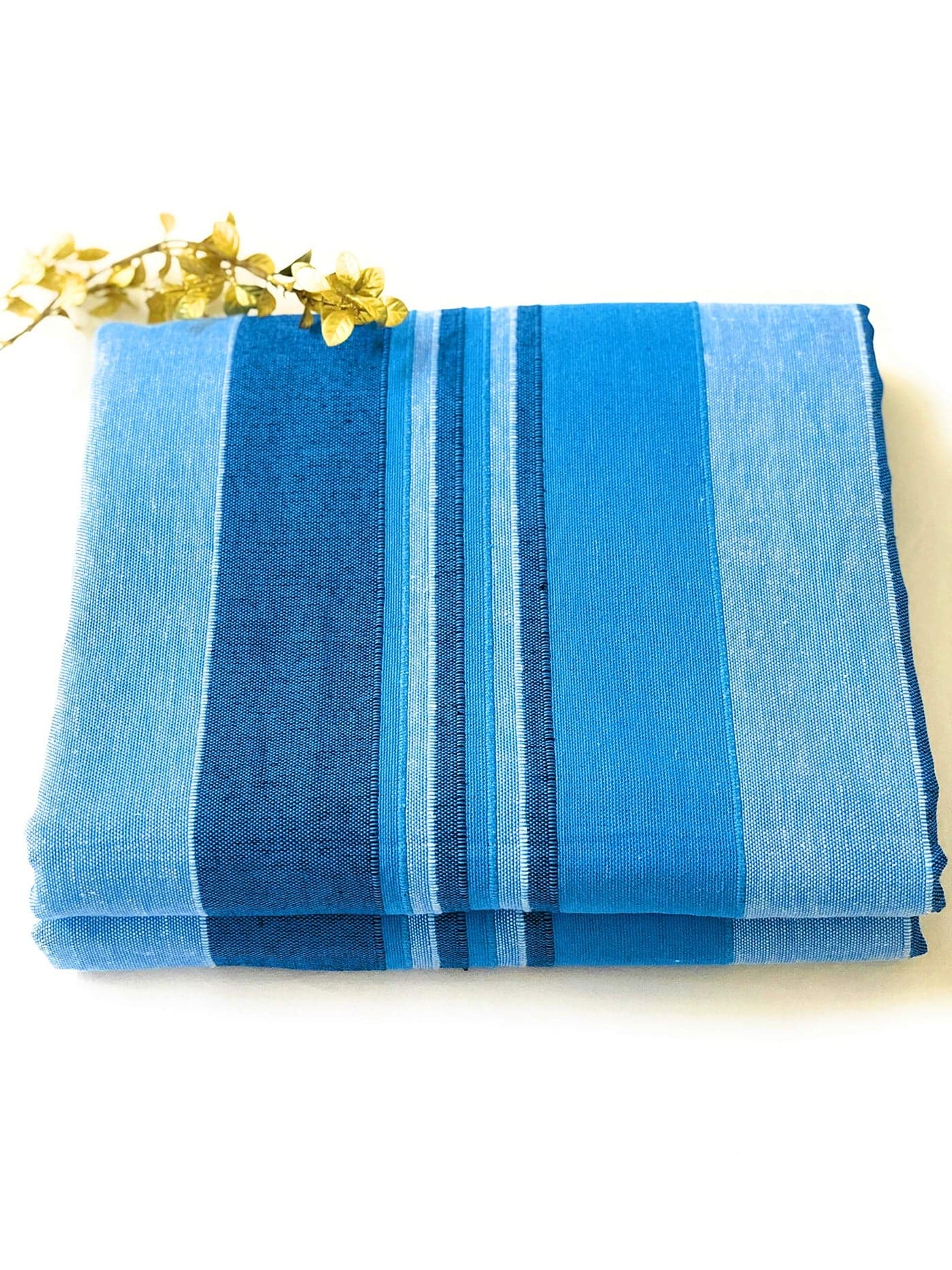 RANGBHAR Handloom Cotton Double Bedsheet Without Pillow Covers, Woven Striped Bedcover, 90 x 100 inch, Blue,225 TC