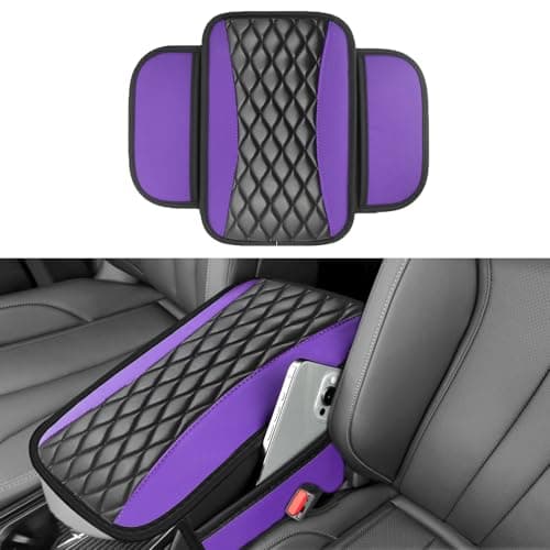 Leather Car Center Console Cover with Side Storage Pockets Universal Leather Waterproof Armrest Pad Protector Organizer for Cars Vehicles SUVs Interior Decor Stylish Car Decoration Purple