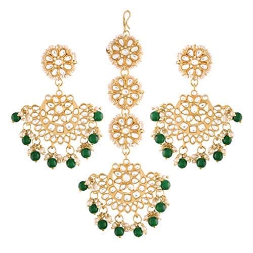 I Jewels Gold Plated With Stunning Matte Finish Traditional Kundan & Faux Pearl Chandbali Earrings With Maang Tikka Set (Te2911G, Womens)