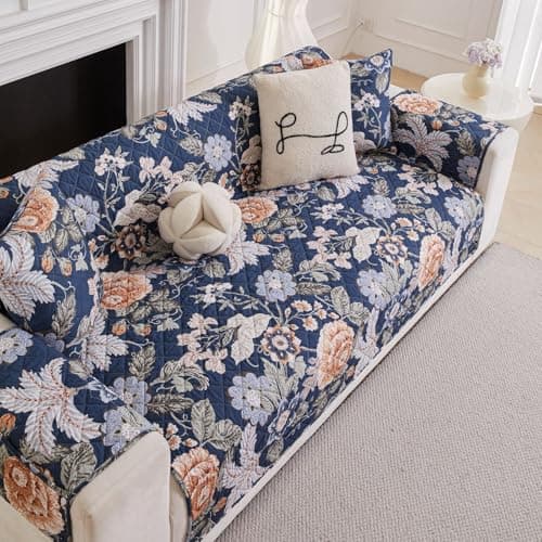 HOMETHREADS Premium Style Anti Slip Sofa Cover Set | Cotton Sofa Slipcover | 1Pc Front Cover with Attached Armrest + 1Pc Back Cover (Rose_Blue, 1 Seater | 63x185cm)