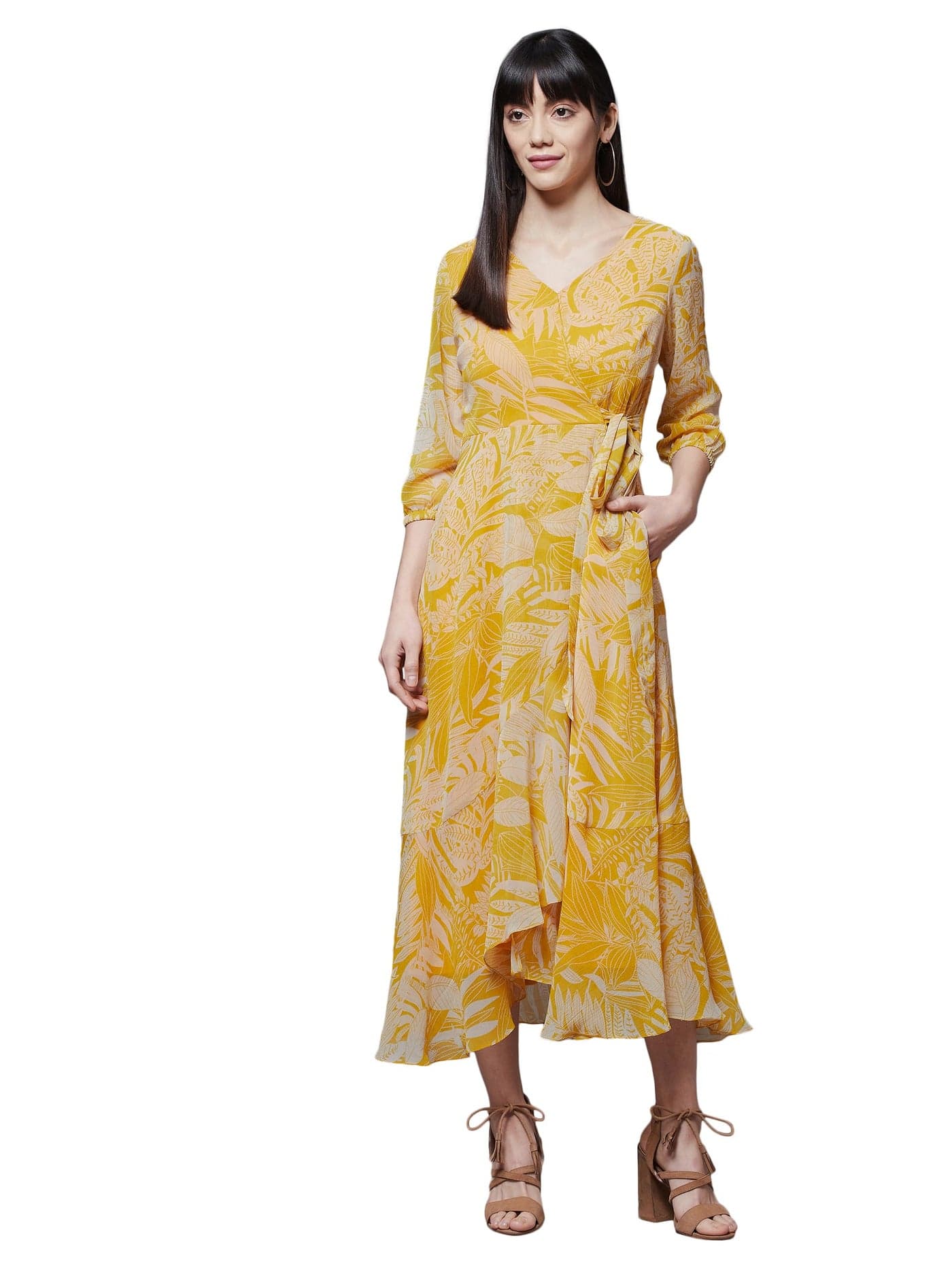 Miss Chase Women's Yellow & White V Neck Full Sleeve Floral Layered Maxi Dress (MCAW21D14-94-37-05, Yellow & White, L)