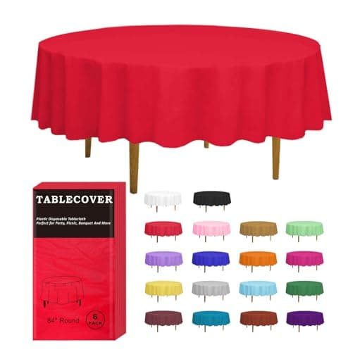 DZ Plastic Table Cloth Disposable 6 Pack Red Round Tablecloth Individually Wrapped for IndoorOutdoor 84 Inch Table Cover for Party Picnic Birthday Wedding Dinner