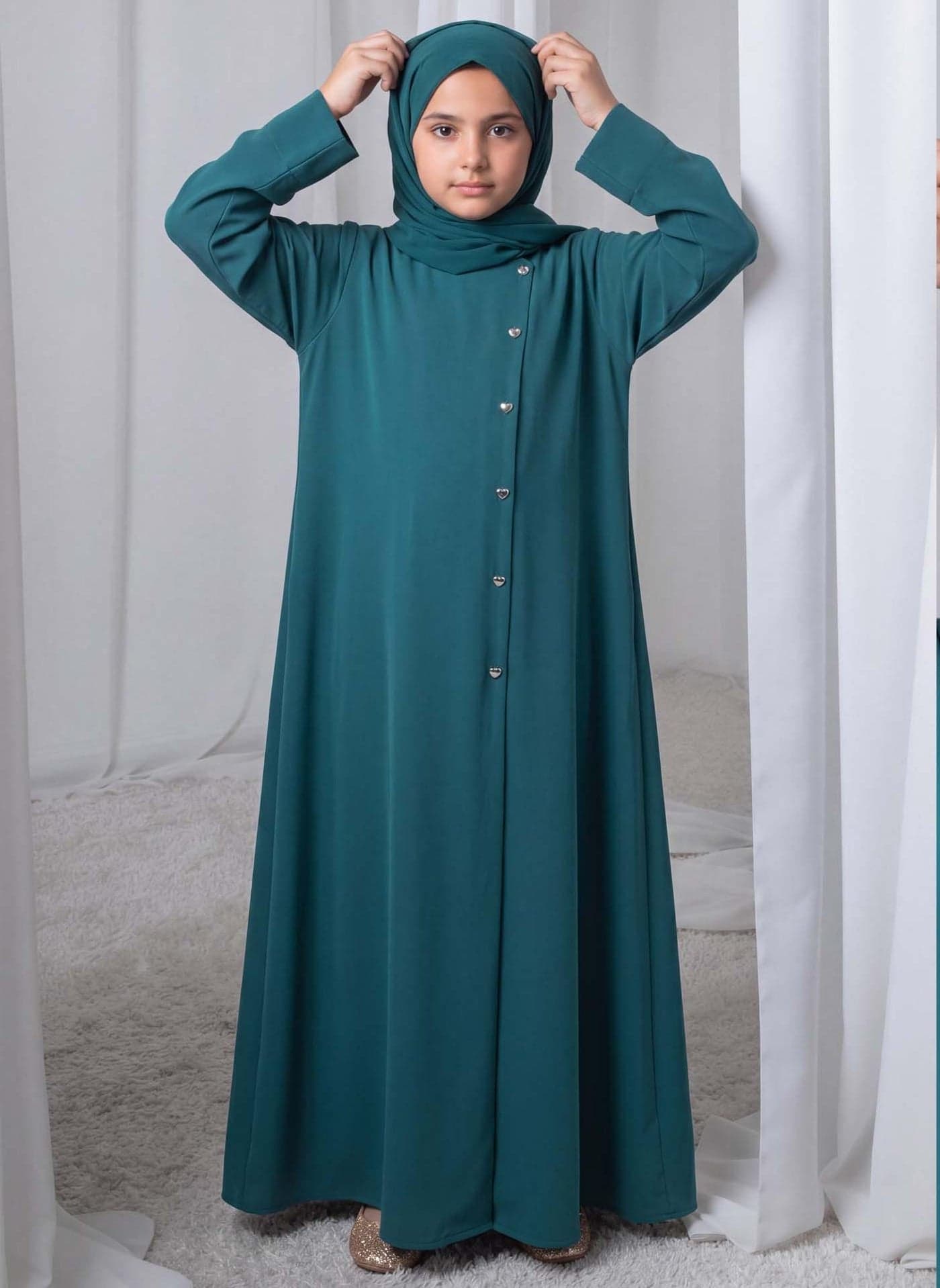 Teal Green Kids Abaya with Matching Hijab for Girls Korean Nida Fabric Modest Islamic Dress 8 Colors Available