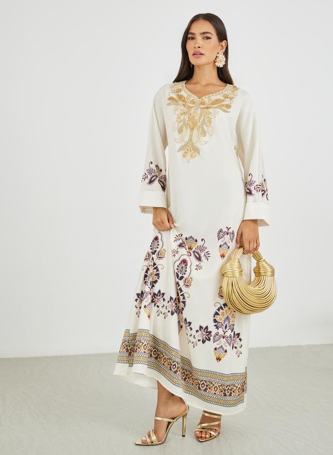 Placement Print Lace Detail Jalabiya