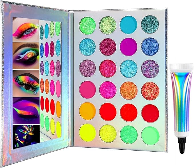 Halloween Neon Glow In Dark Eyeshadow Palette Afflano UV Blacklight Neon Glitter Eyeshadow Pallet Primer Colorful Blue Red Orange Purple Green Glitter Eye Shadow SFX Joker Skull Makeup Palettes
