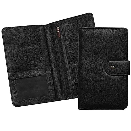 ABYS Genuine Leather Women Clutch||Passport Cover||Cheque Book Case||Passport Holder||Card Holder||Travel Wallet with Button Closure (Black)