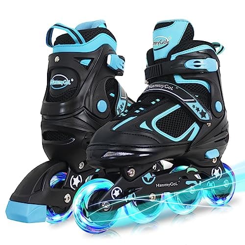 MammyGol Adjustable Inline Skates for Boys Girls Kids Youth with Light up Wheels, Teal Beginner Blades Roller Skates for Boys Size 5 6 7 8 Ages 6-12