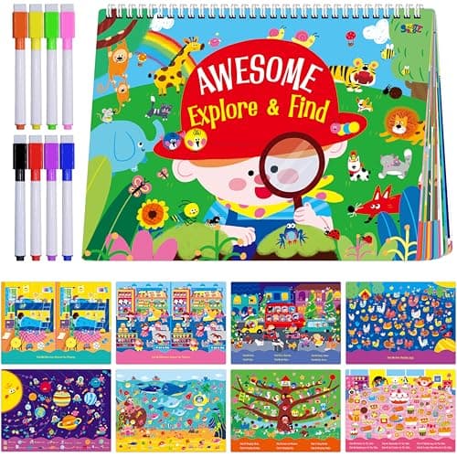 30 Dry Erase Activities Book Reusable Erasable Game Pad Explore and Find Games Montessori Learning Tool Educational Autism Sensory Toys for Kids Road Trip Airplane Travel Markers Included