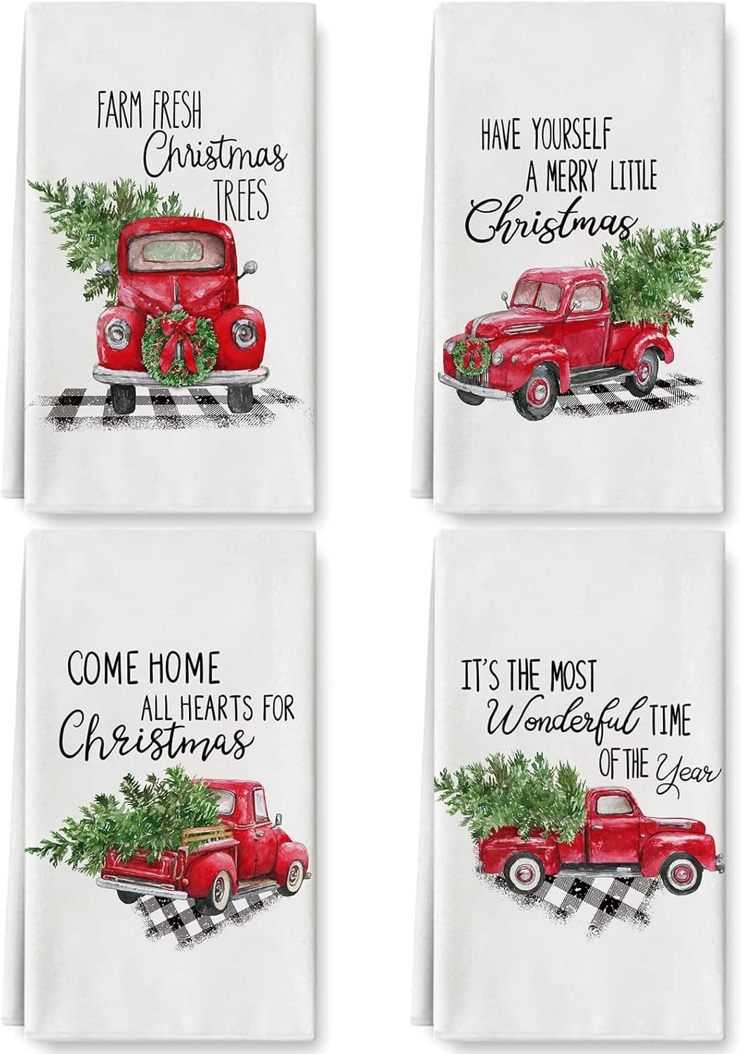 Whaline Christmas Truck Kitchen Towel 18 x 28 Inch Watercolor Xmas Tree Truck Dish Towel Set of 4 Holiday Seasonal Hand Drying Towel Tea Towel for Christmas Party Cooking Baking Supplies
