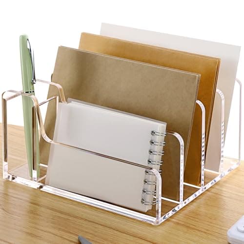 SANRUI Acrylic Mail Organizer 5 Compartments File Holder for DeskLetter Sorter with Pen HolderDesk Organizers and AccessoriesClear Cute Mail Sorter