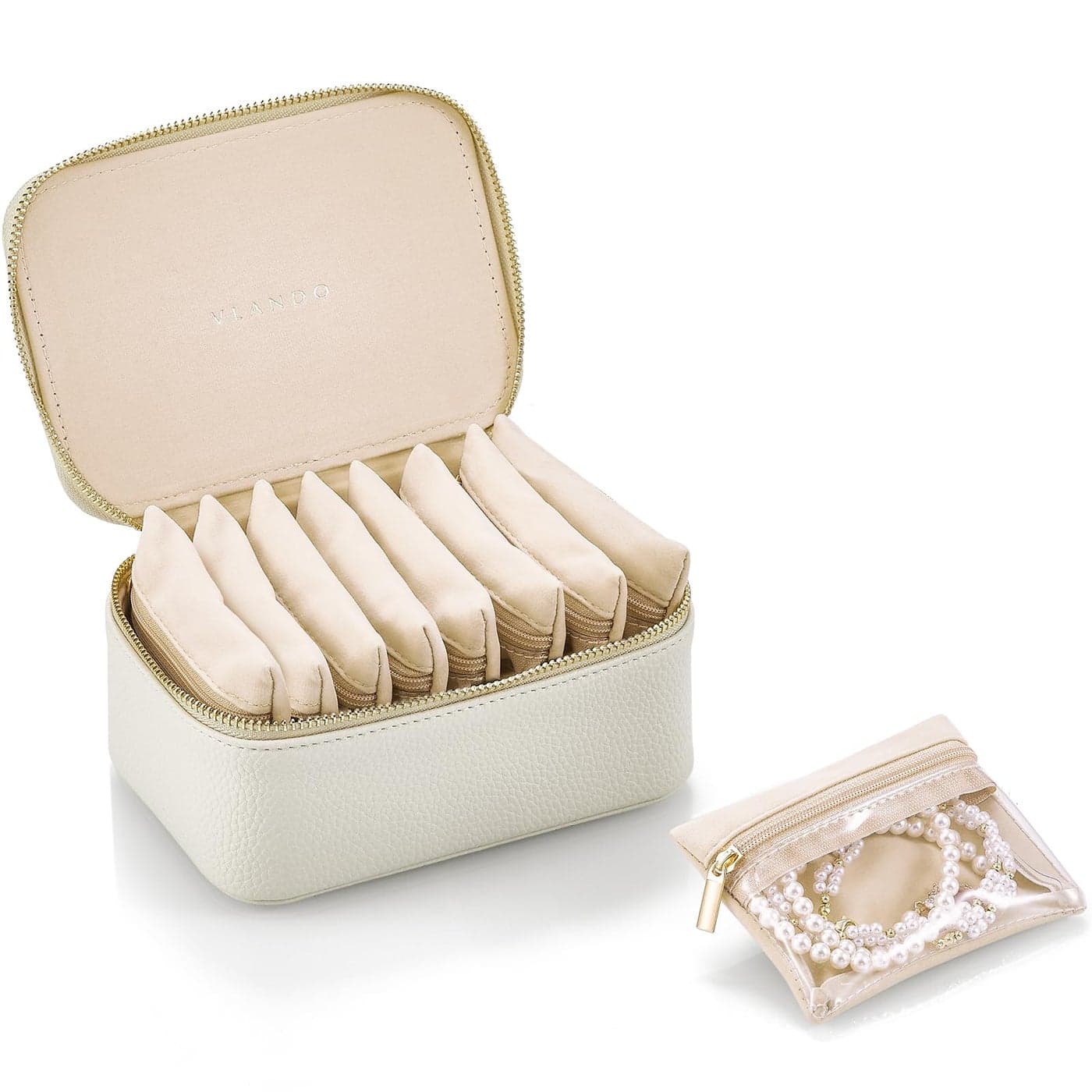 Vlando Travel Jewelry Case with 8 Velvet Jewelry Bags Jewelry Travel Organizer Box for Girls Jewelry Box for Rings Earrings Christmas Anniversary Birthday Gifts for Women (White)