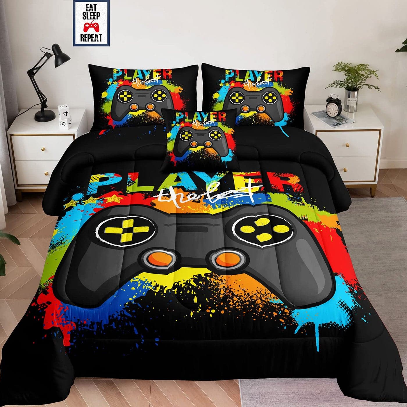 5 Pieces Bed in a Bag for Gaming Bedding SetBoys Gamer Comforter Set with Flat SheetFitted SheetPillowcasesCushion CoverGame Console Pattern Bed Set for Kids Boys Room Decor