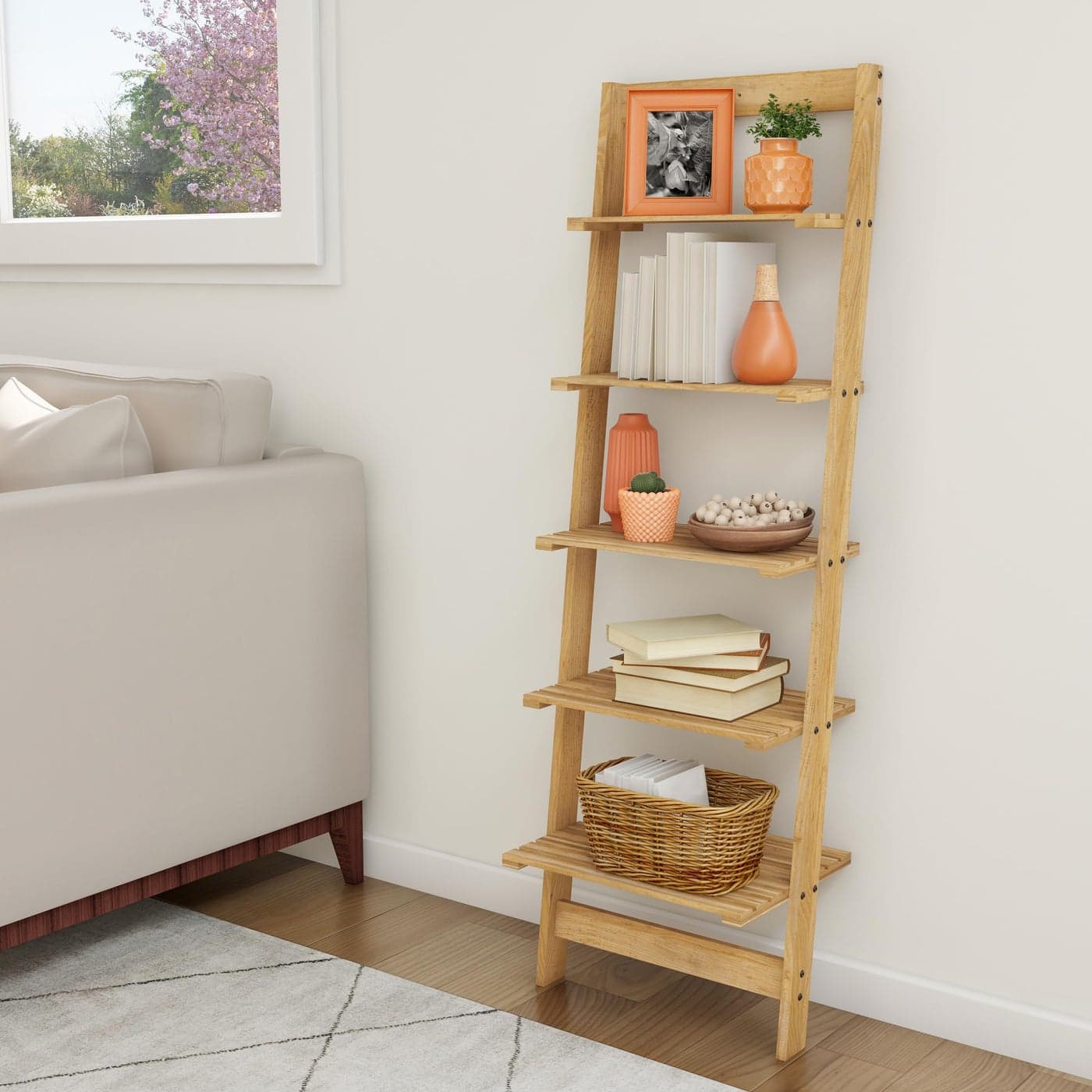 Lavish Home 5Tier Ladder Shelf 50Inch Narrow Leaning Bookshelf Wooden Bookcase for Living Room Bathroom Kitchen Office or Bedroom Furniture Oak