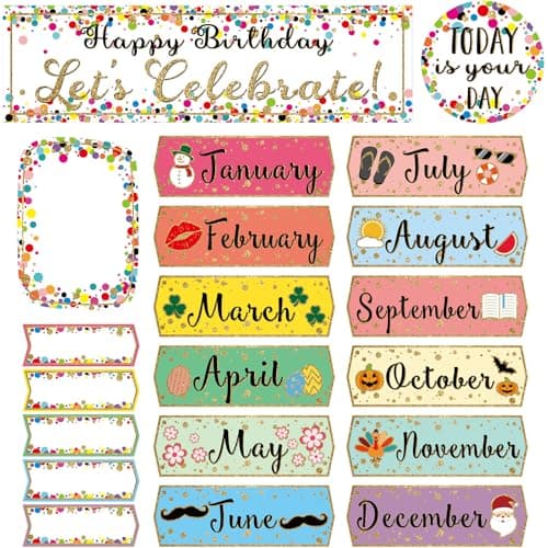 Outus 60 Pcs Happy Birthday Bulletin Board Set Classroom Confetti Birthday Chart Cutouts for Classroom Wall Decoration for Students School Class Bulletin Board Teaching Supply(Bright Color)