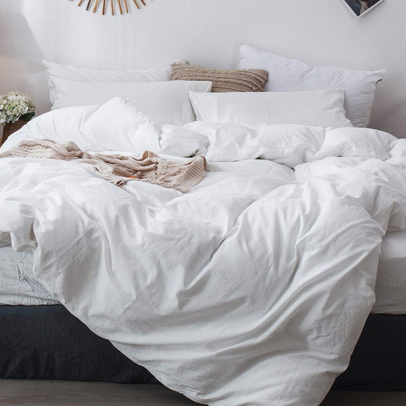 MooMee Bedding Duvet Cover Set 100 Washed Cotton Linen Like Textured Breathable Durable Soft Comfy Solid Off White Queen 90x90