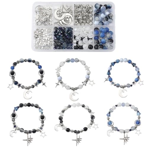 SUNNYCLUE 1 Box 314Pcs DIY 6 Sets Bracelets Making Kit Moon and Star Charms Crescent Stars Bead Blue Faceted Glass Imitation Pearl Loose Spacer Beads for Jewelry Making Kits Adult Women Gifts