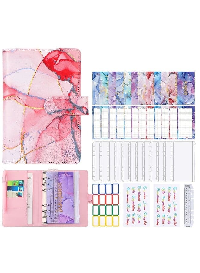 Budget Binder with Zipper Envelopes, Cash Envelopes for Budgeting, A6 PU Leather Budget Binder Planner with 12 Pcs Clear Zipper Envelopes, 12 Pcs Budget Sheets for Budgeting, Saving Money(Pink)