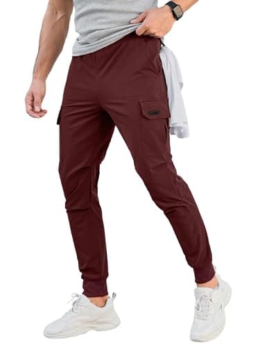 Comdecevis Men's Cargo Jogger Pants Stretch Sweatpants Slim Fit Tactical Pants with Zipper Pockets Casual Trousers Dark Red Medium