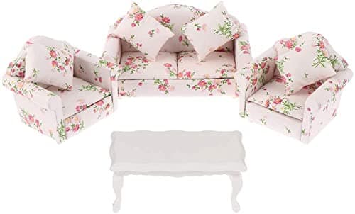 Dollhouse Furniture Set 3 Pcs 112 Dollhouse Miniature Wooden Sofa Cushions Armchair Pillow Kit Dolls House Furniture Couch with 1 Pc Dollhouse Teatable Coffee Table
